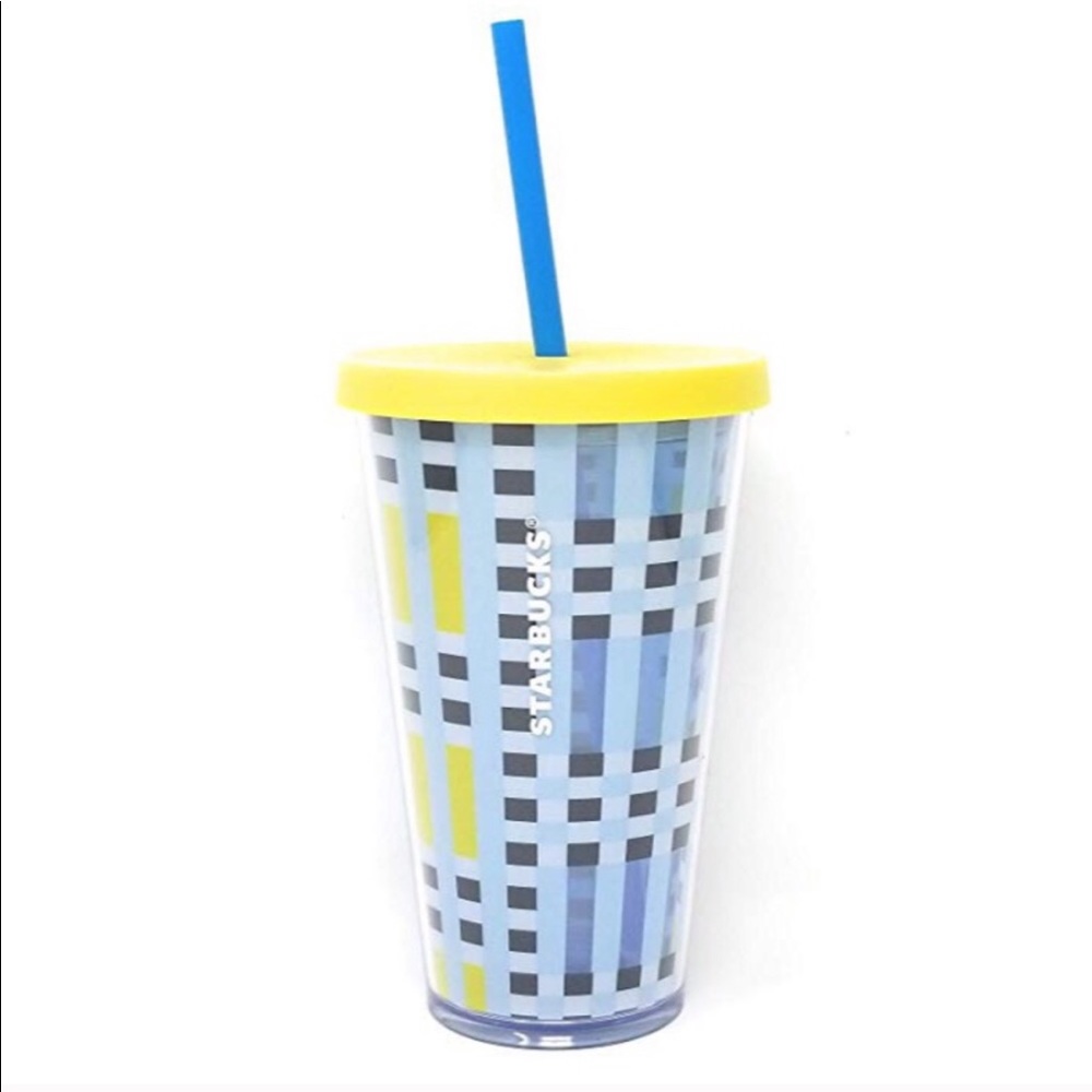 ☀️NEW Starbucks Tumbler With Straw Plaid Blue Hot/Cold